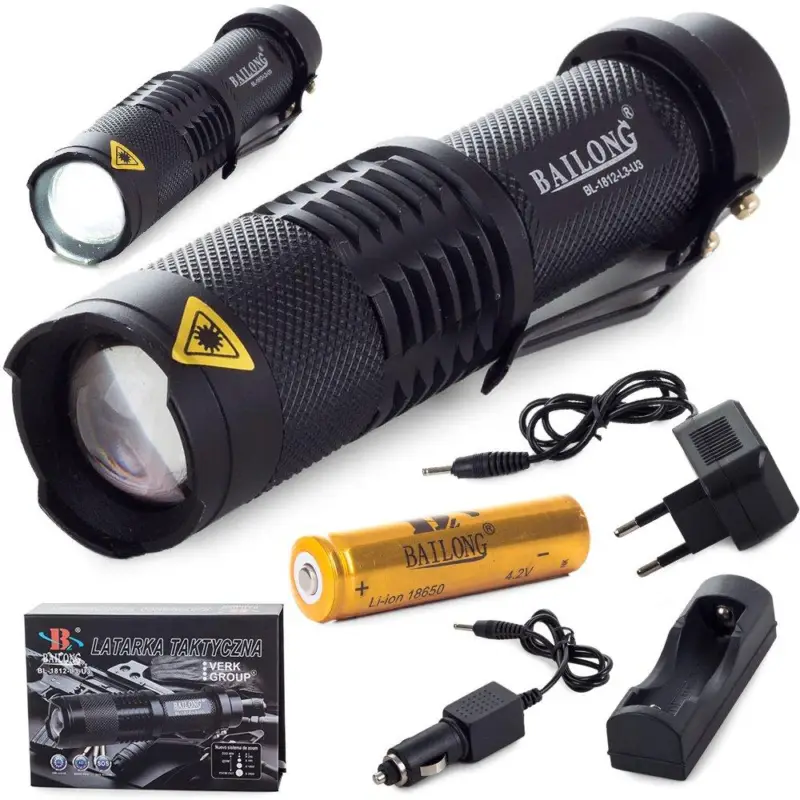 Végkiárusítás Akkumulátoros zseblámpa Bailong BL-1812, LED CREE XM-L T6 ZOOM